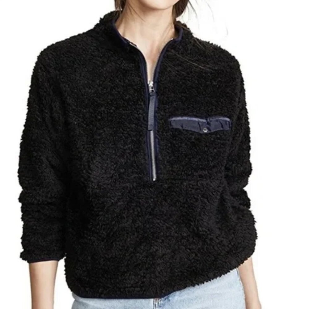 Anine Bing Women Medium Halfzip Pullover Black Sherpa Teddy Jacket Blue Trim